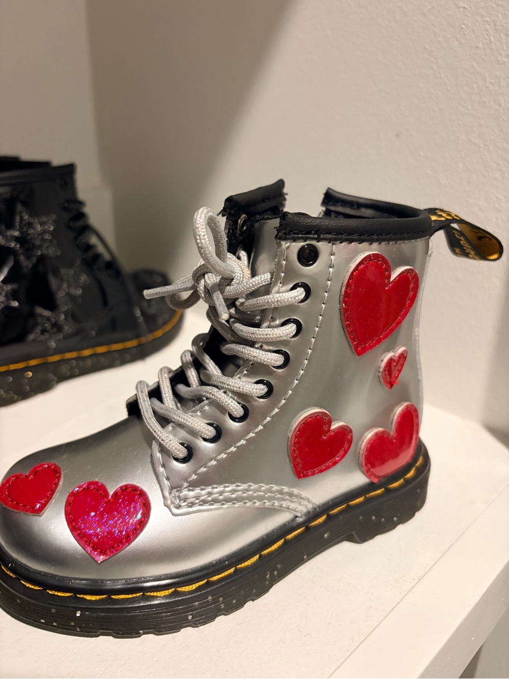 Kids Metallic Silver Heart Lace-Up Boots Dr. Martens